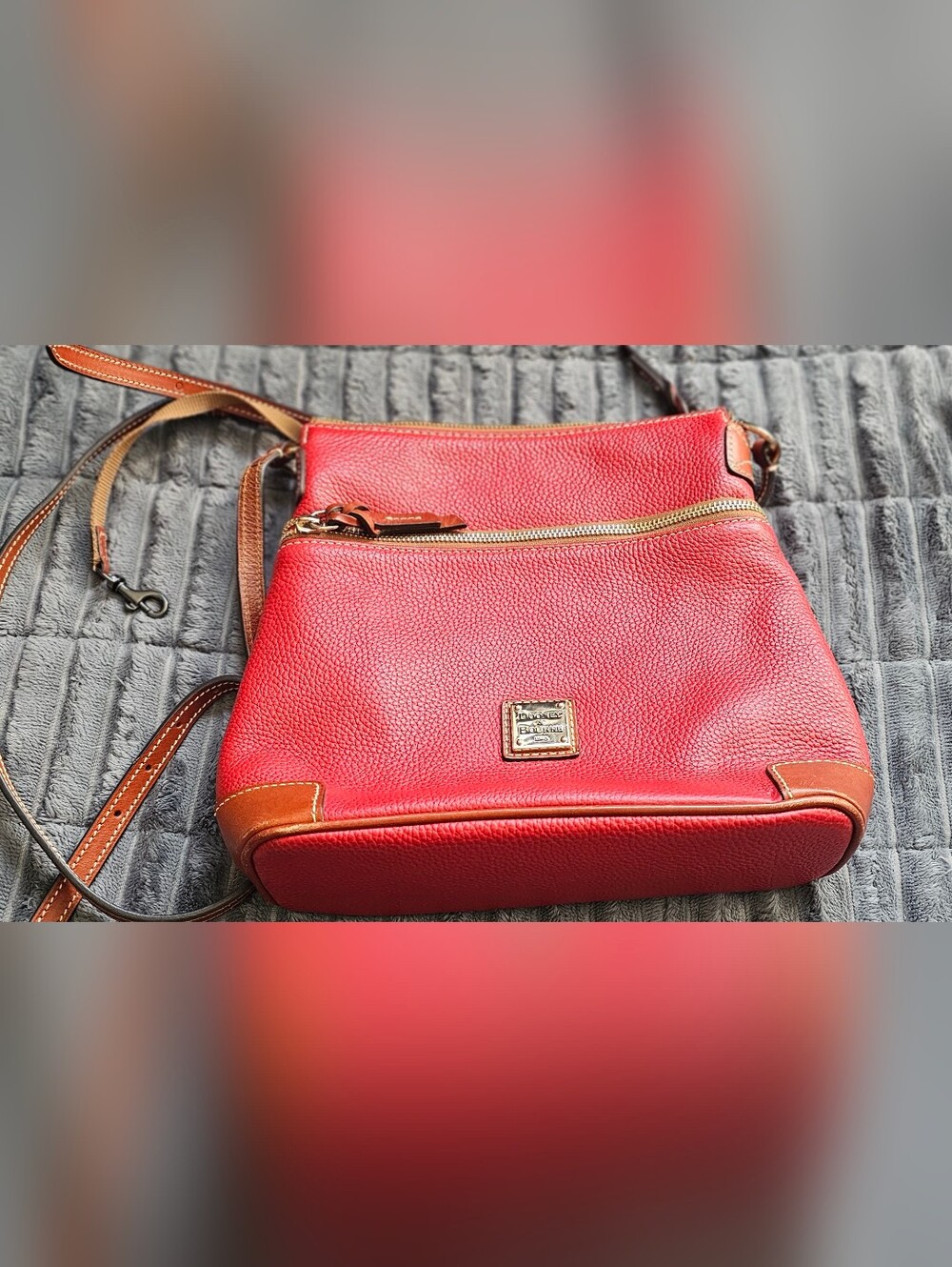 Dooney & Bourke Red Pebbled Leather Crossbody with Brown Trim